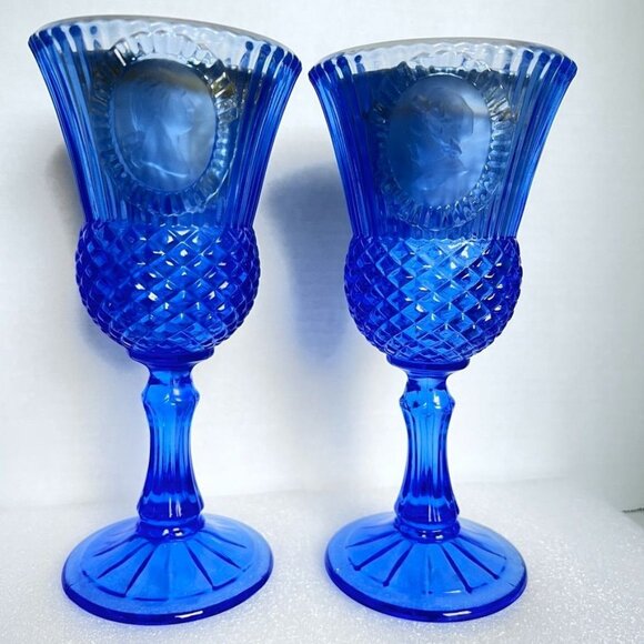 Vtg 2 Avon Blue Fostoria Goblet Candle Holders Martha & George Washington - Picture 1 of 8
